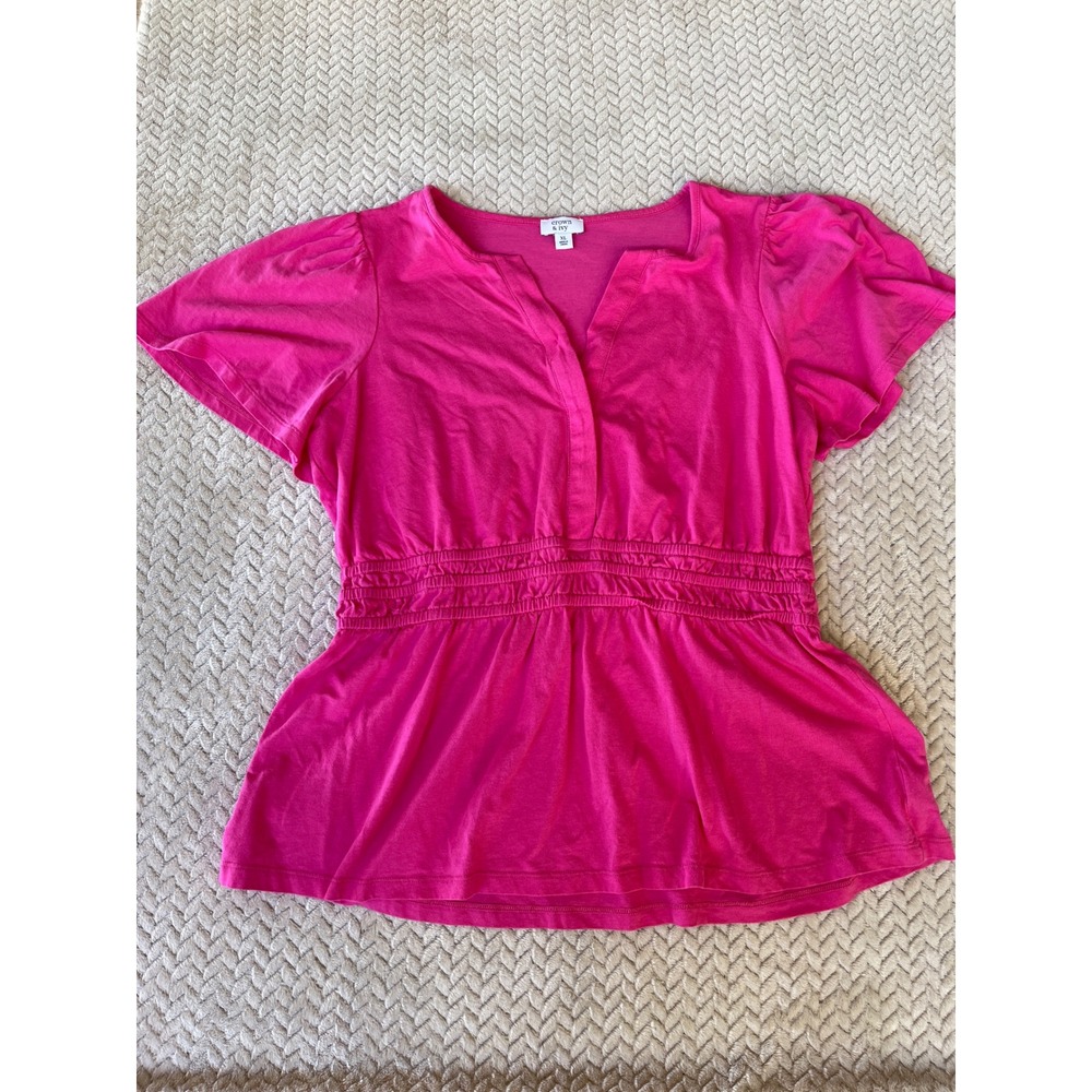 Crown & Ivy Pink Smocked Empire Waist Peplum Blouse XL Short Puff Sleeve Top